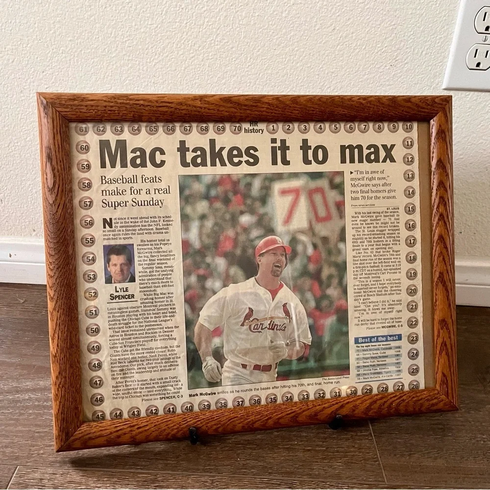 Framed Baseball Newspaper Article in Brown Frame Mark McGuire 13/16 inch